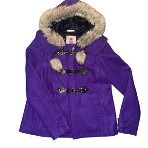Juicy Couture Vibrant Purple Puffer Coat with Faux Fur Trim